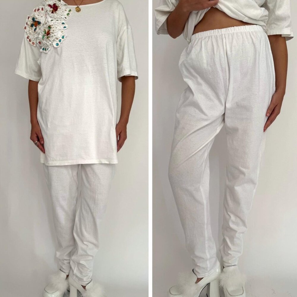 80s vintage white rainbow embellished cotton shirt pants matching two piece set